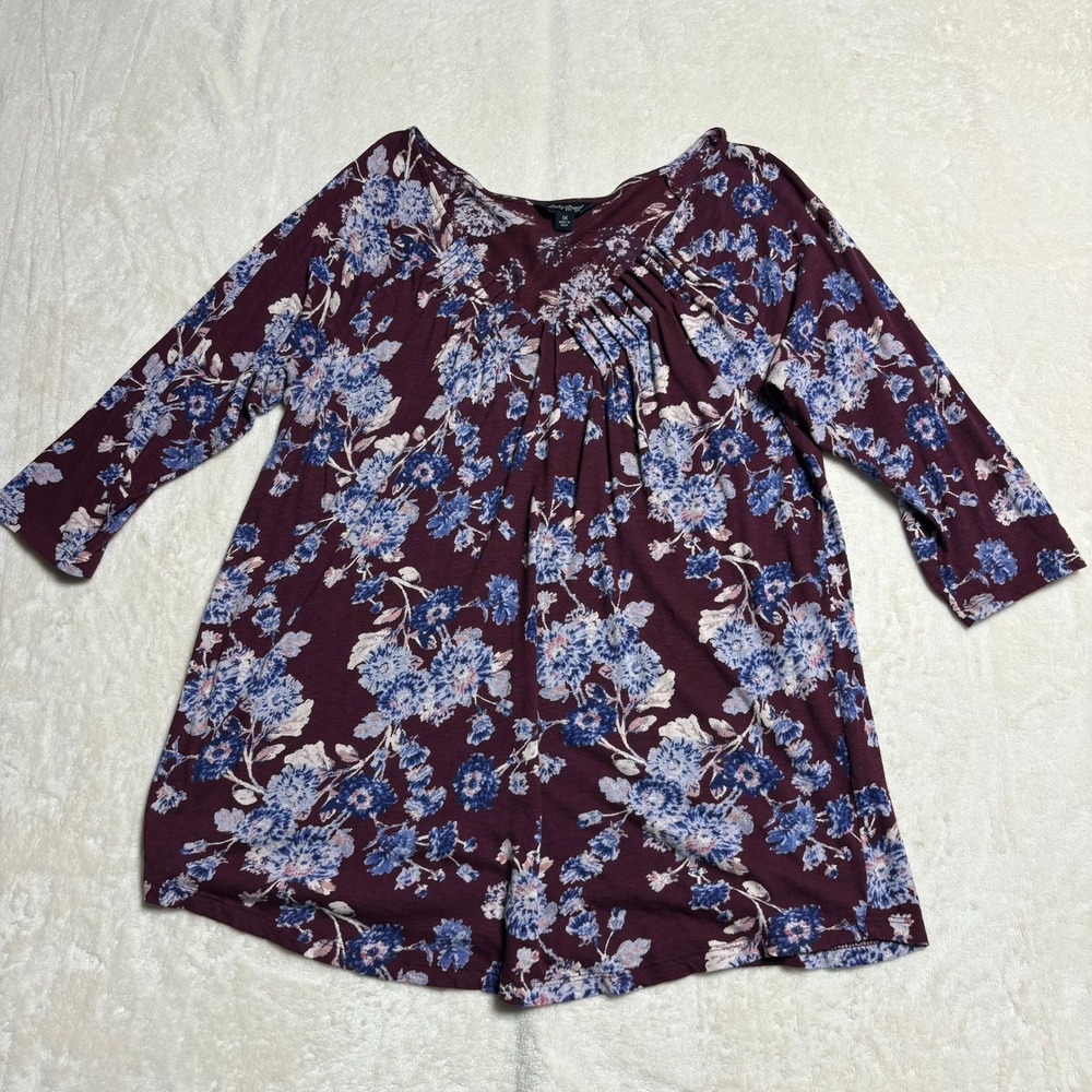 Lucky‎ Brand Womens Blouse Top Size 1X Burgundy Blue Floral Print Pleated Neck